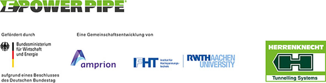 条形徽标上写着：由联邦经济事务和能源部支持，由 amprion、IFHT、RWTH 和 Herrenknecht 联合开发。